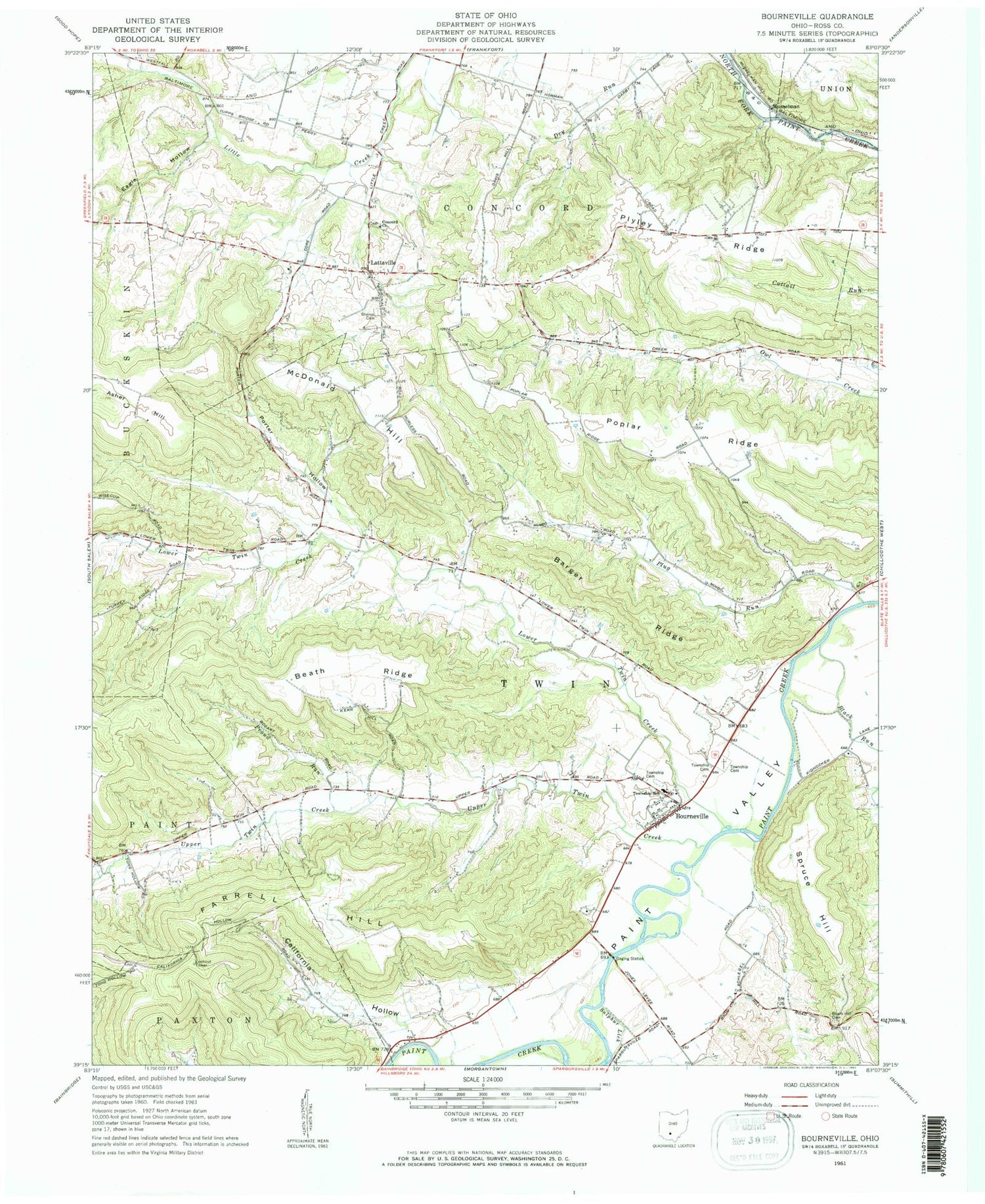 Classic USGS Bourneville Ohio 7.5'x7.5' Topo Map Image