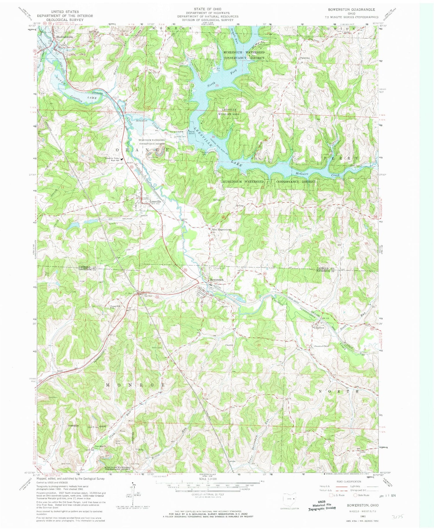 Classic USGS Bowerston Ohio 7.5'x7.5' Topo Map Image
