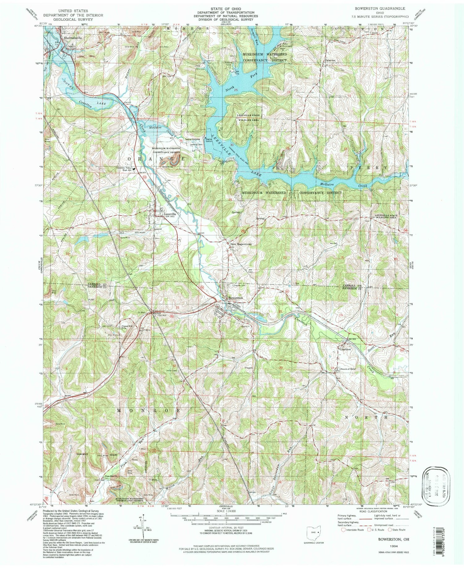 Classic USGS Bowerston Ohio 7.5'x7.5' Topo Map Image