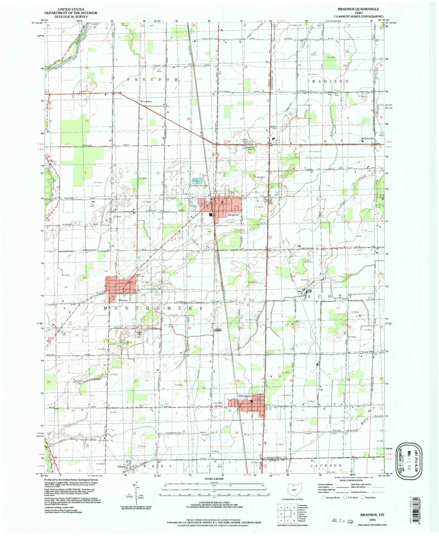Classic USGS Bradner Ohio 7.5'x7.5' Topo Map Image