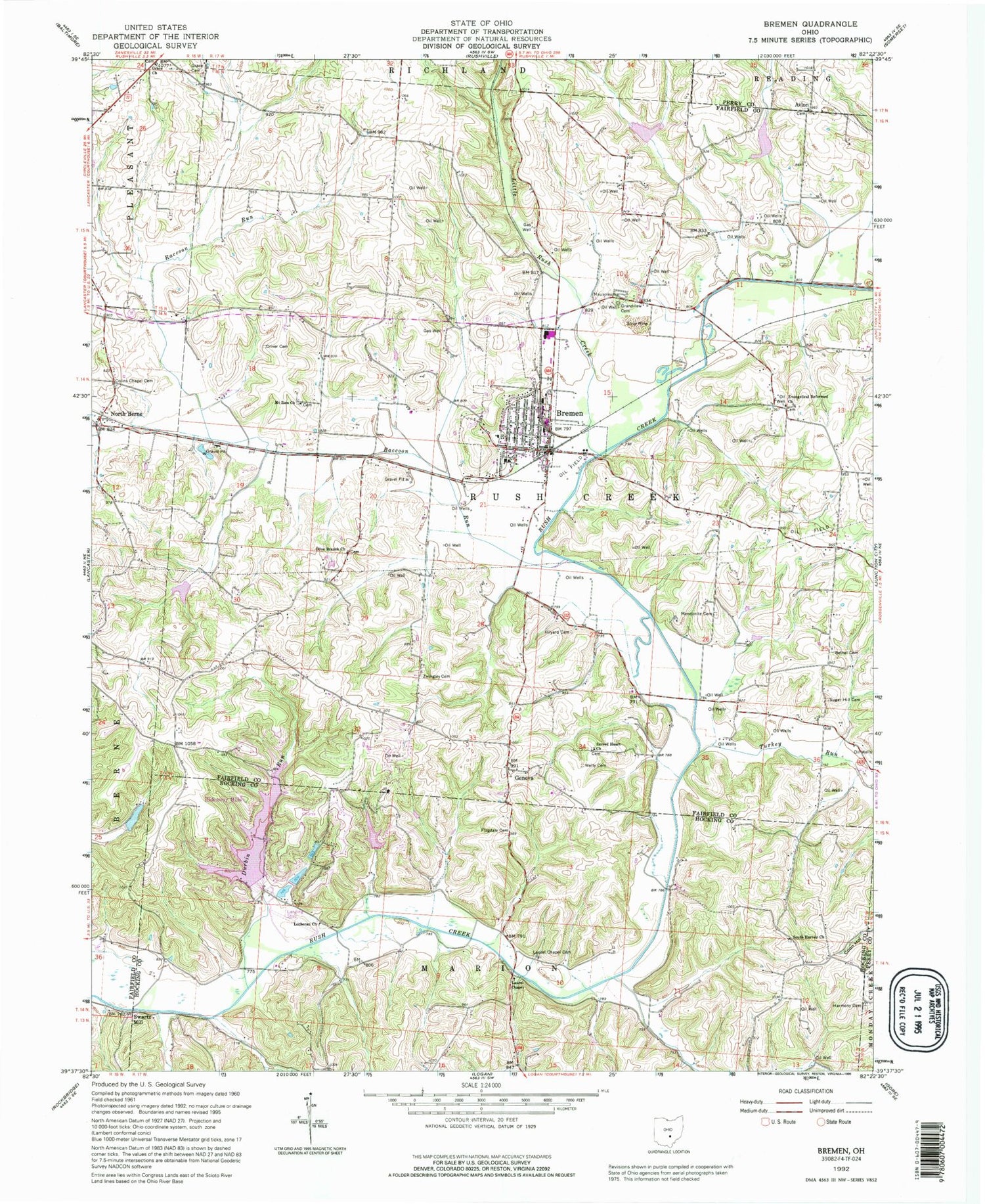 Classic USGS Bremen Ohio 7.5'x7.5' Topo Map Image