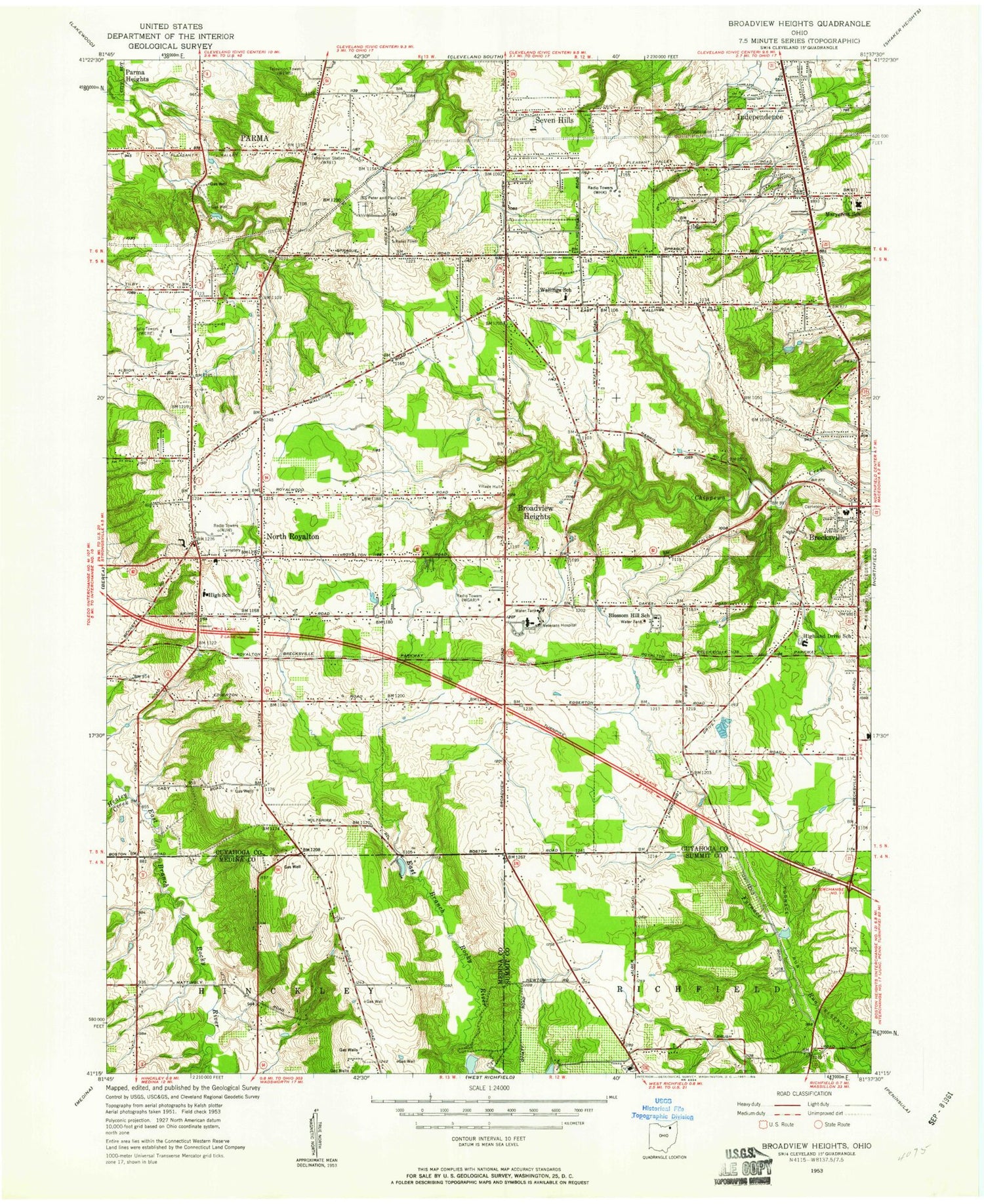 Classic USGS Broadview Heights Ohio 7.5'x7.5' Topo Map Image