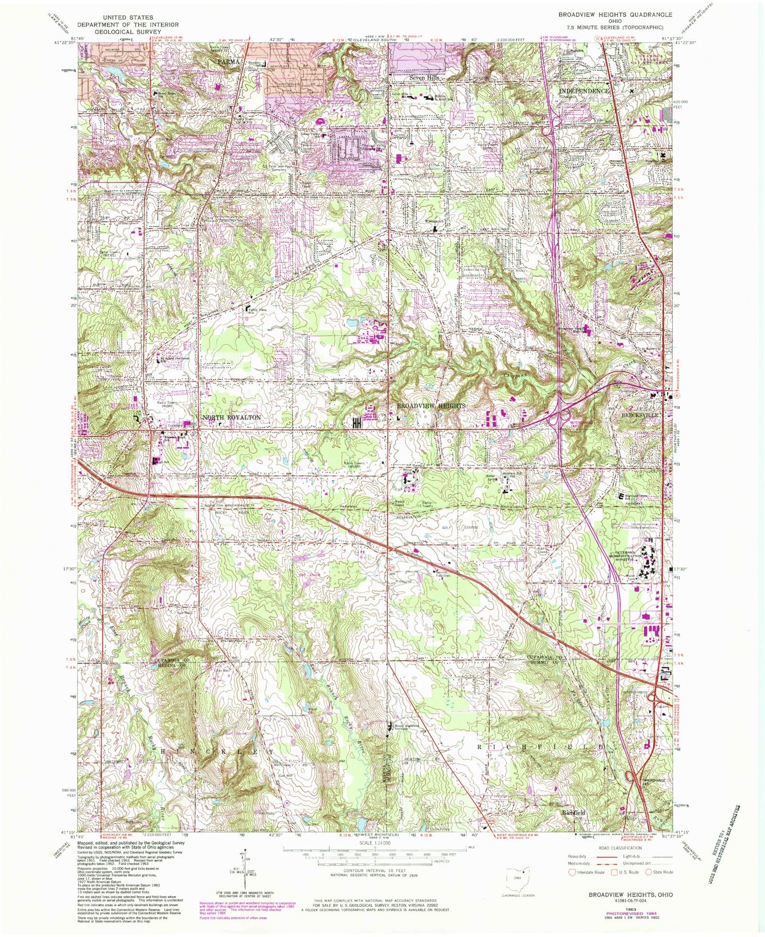 Classic USGS Broadview Heights Ohio 7.5'x7.5' Topo Map Image