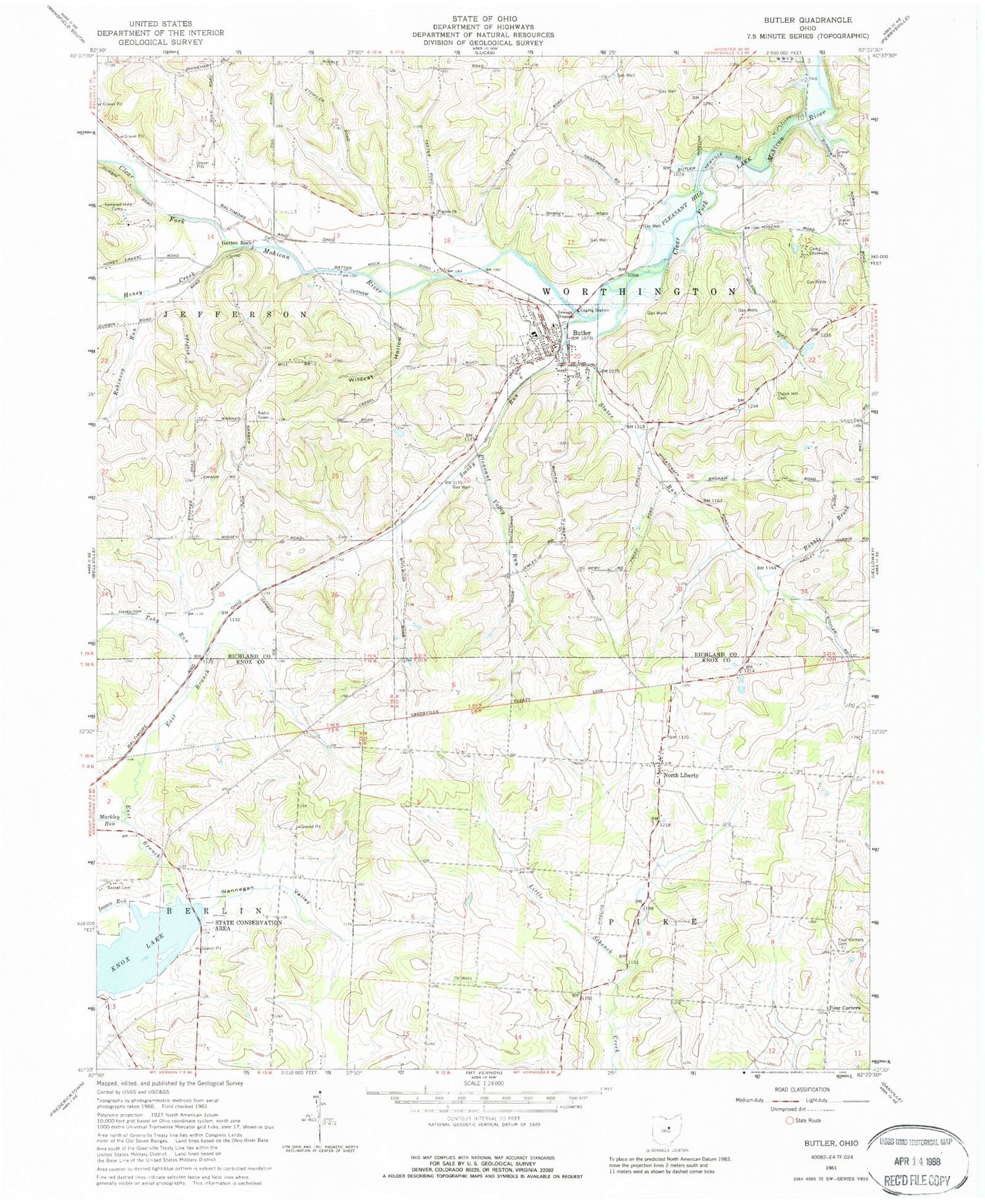 Classic USGS Butler Ohio 7.5'x7.5' Topo Map Image