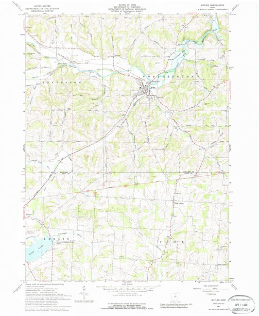 Classic USGS Butler Ohio 7.5'x7.5' Topo Map Image