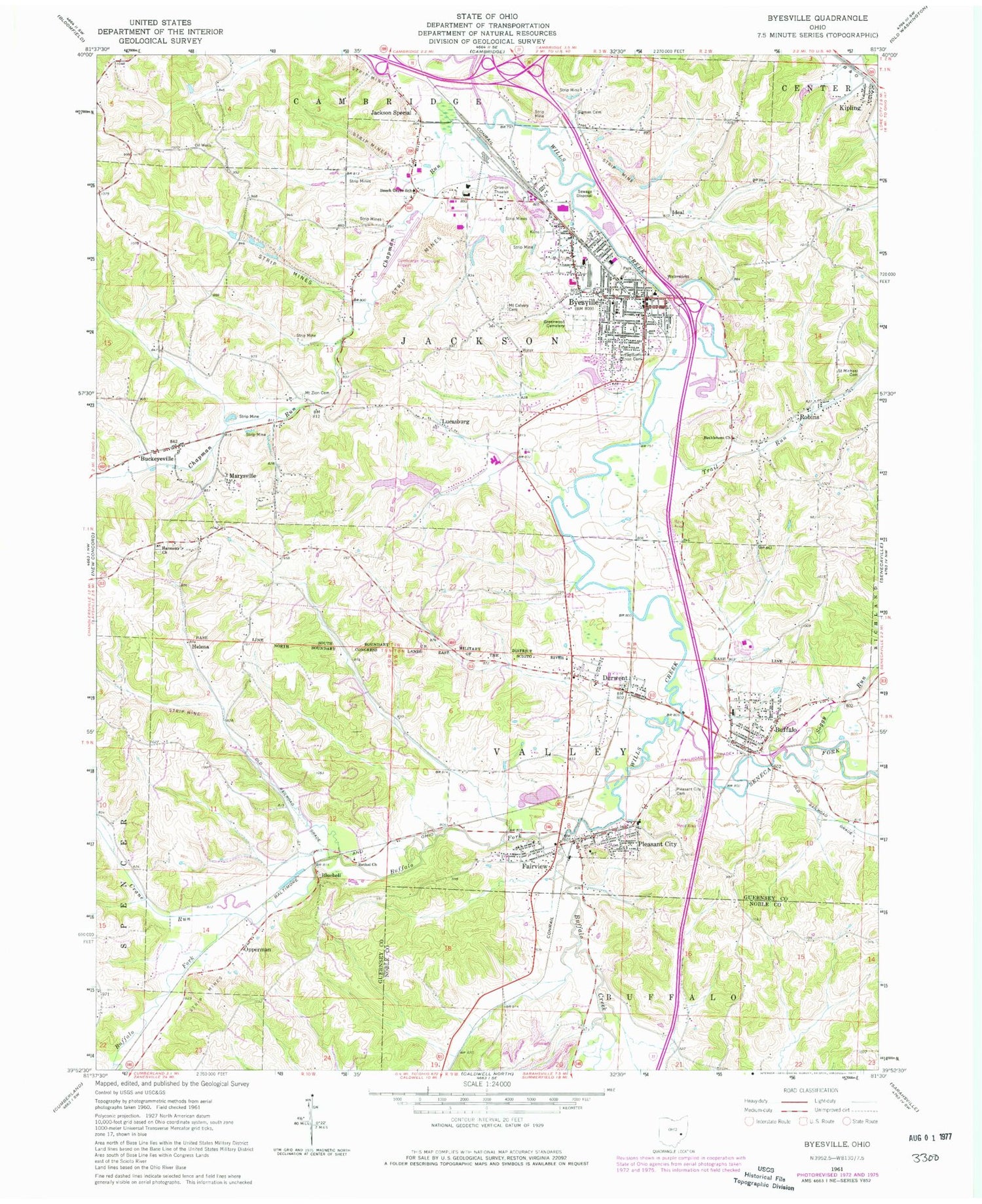 Classic USGS Byesville Ohio 7.5'x7.5' Topo Map Image
