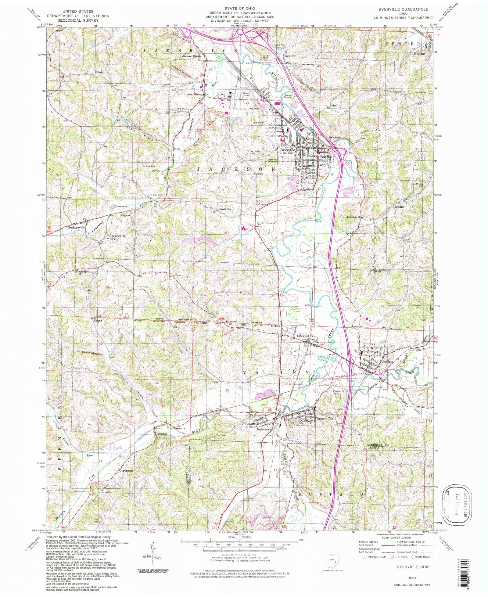 Classic USGS Byesville Ohio 7.5'x7.5' Topo Map MyTopo Map Store