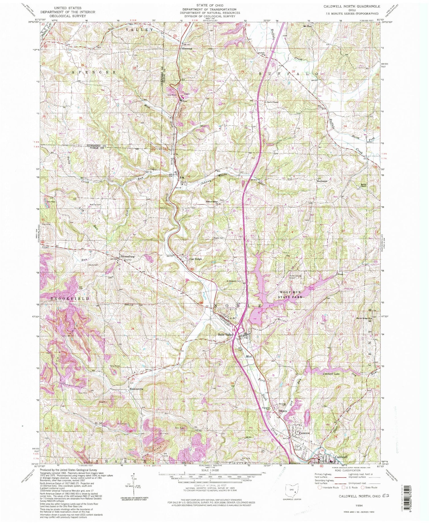 Classic USGS Caldwell North Ohio 7.5'x7.5' Topo Map Image