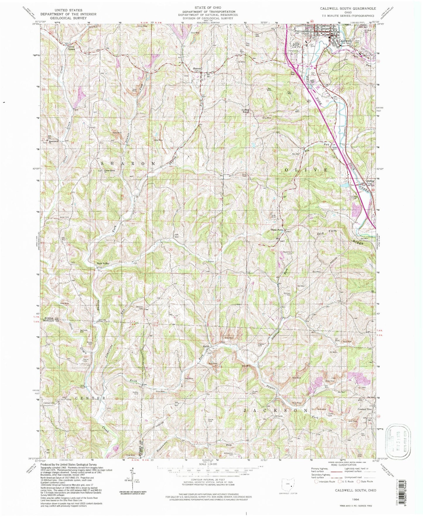 Classic USGS Caldwell South Ohio 7.5'x7.5' Topo Map Image