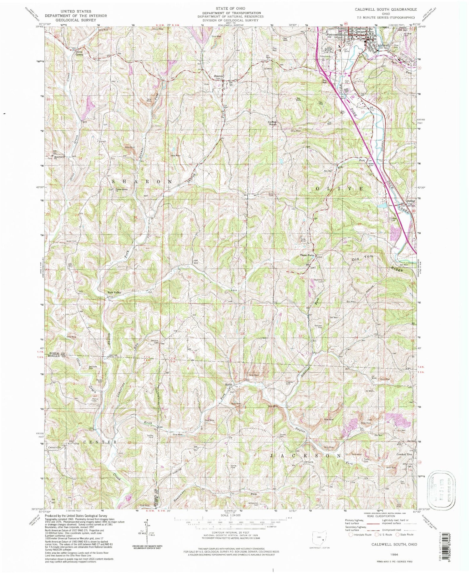 Classic USGS Caldwell South Ohio 7.5'x7.5' Topo Map Image