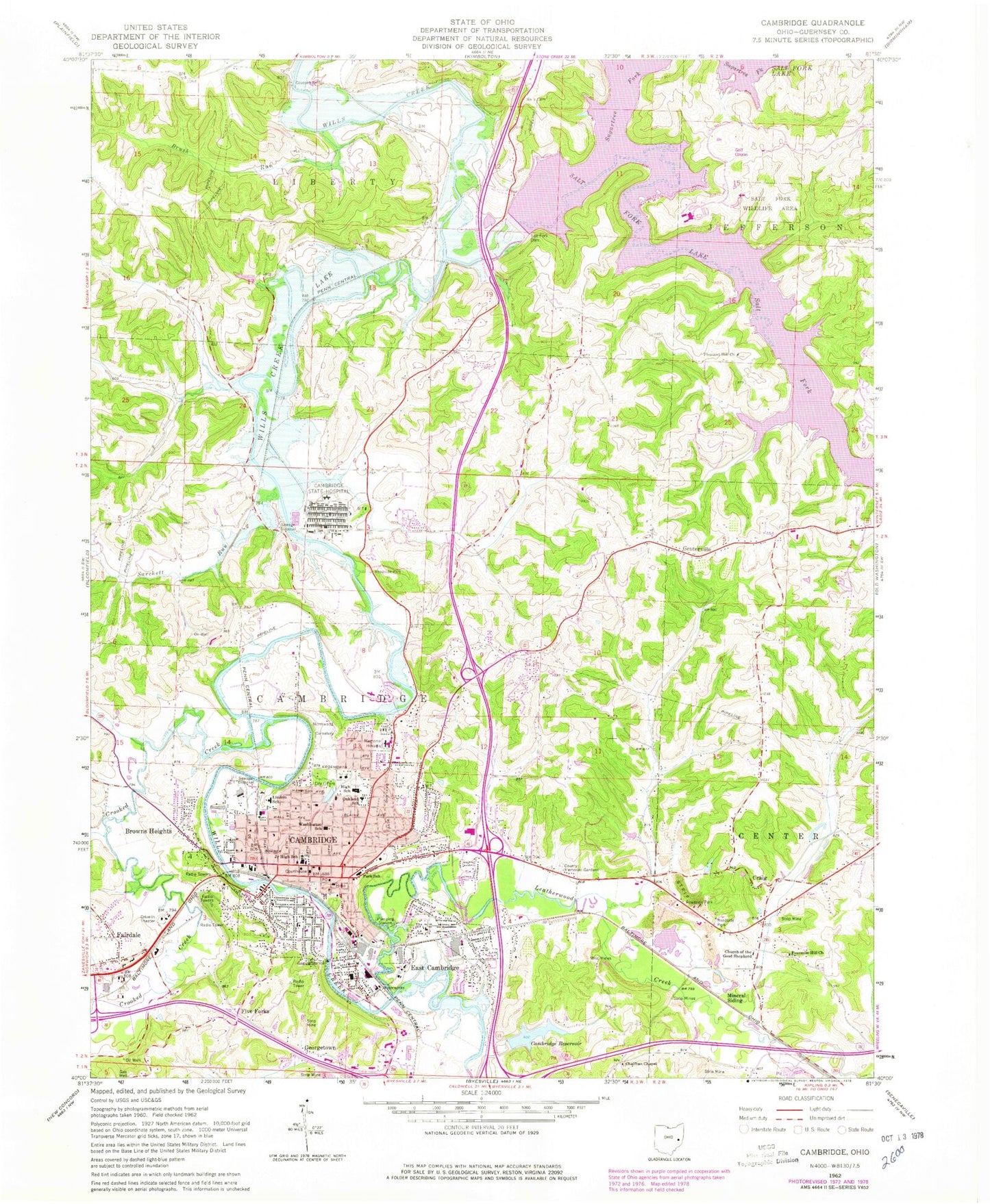 Classic USGS Cambridge Ohio 7.5'x7.5' Topo Map Image