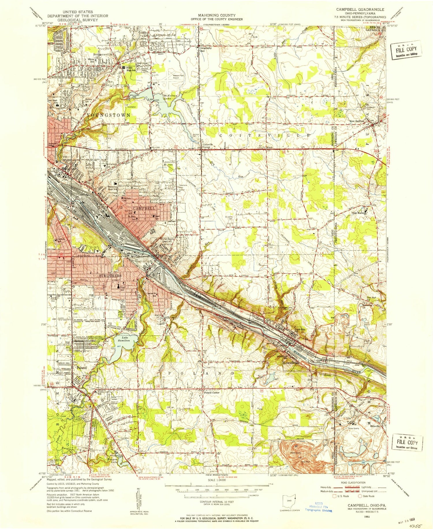 Classic USGS Campbell Ohio 7.5'x7.5' Topo Map Image