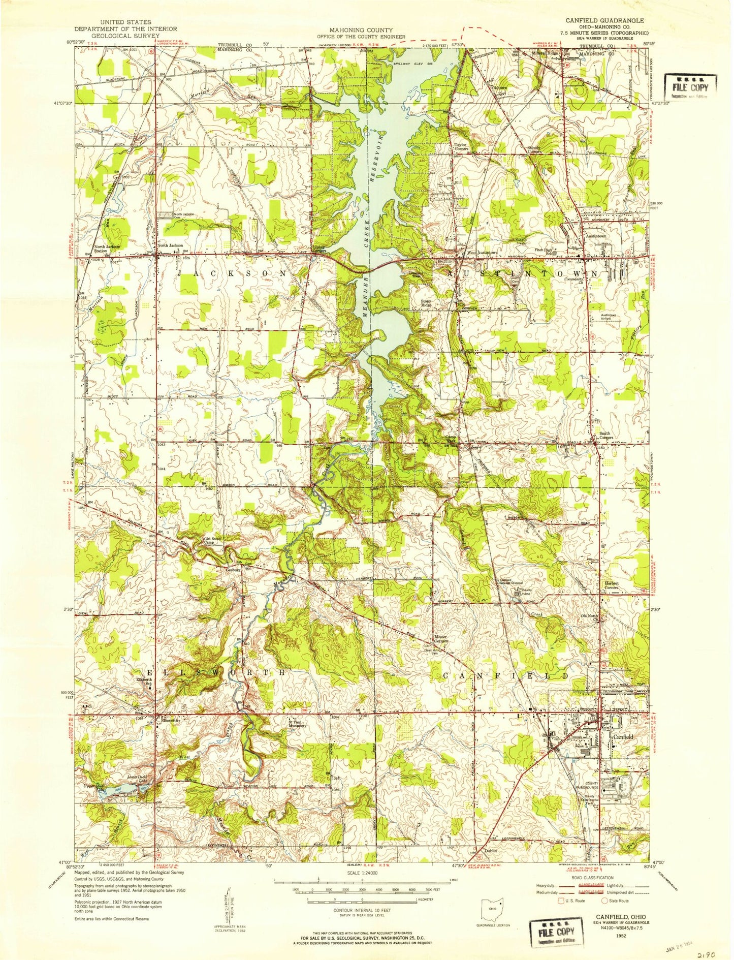 Classic USGS Canfield Ohio 7.5'x7.5' Topo Map Image