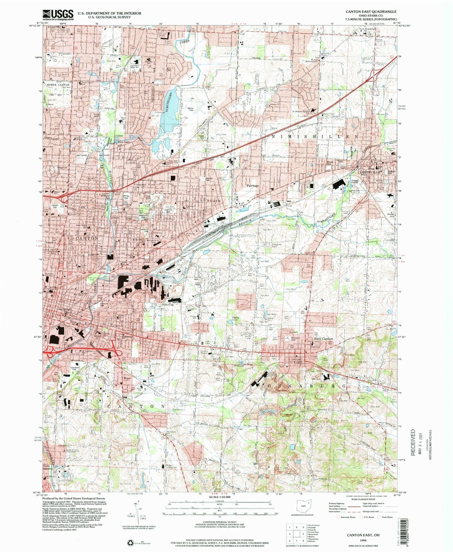 Classic USGS Canton East Ohio 7.5'x7.5' Topo Map Image