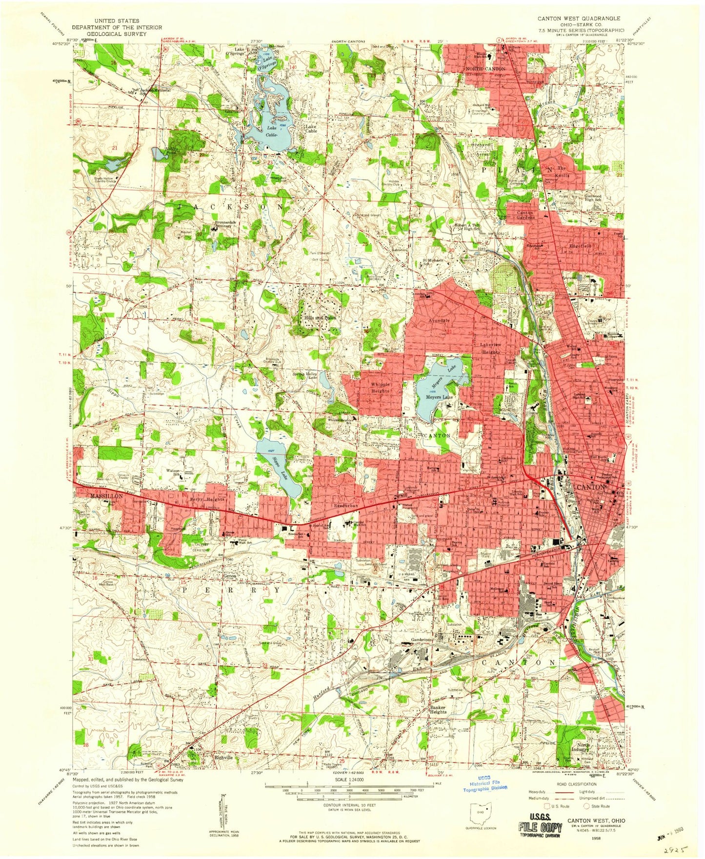 Classic USGS Canton West Ohio 7.5'x7.5' Topo Map Image