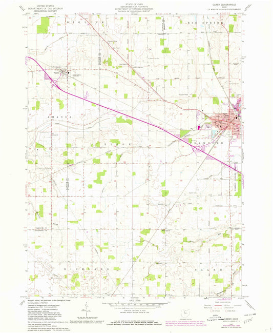 Classic USGS Carey Ohio 7.5'x7.5' Topo Map Image