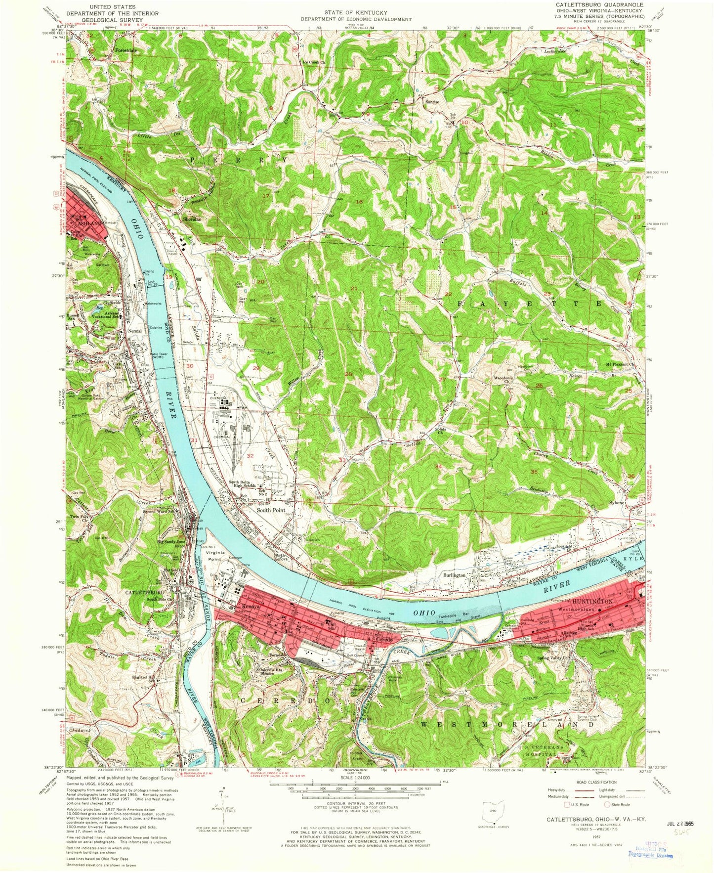 Classic USGS Catlettsburg Kentucky 7.5'x7.5' Topo Map Image