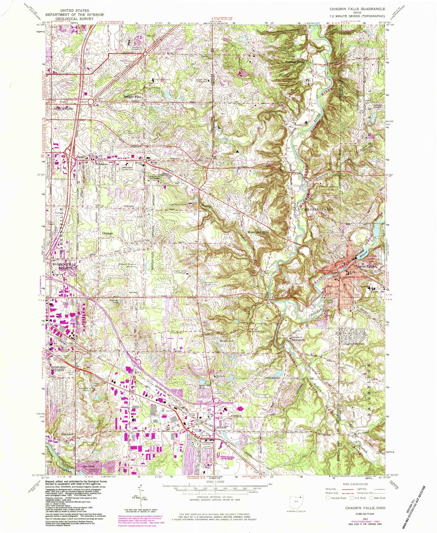 Classic USGS Chagrin Falls Ohio 7.5'x7.5' Topo Map Image