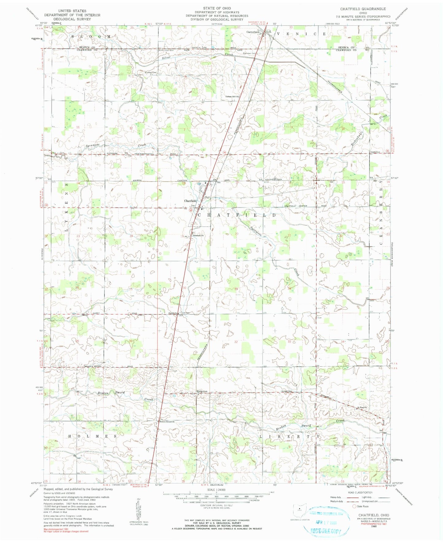 Classic USGS Chatfield Ohio 7.5'x7.5' Topo Map Image