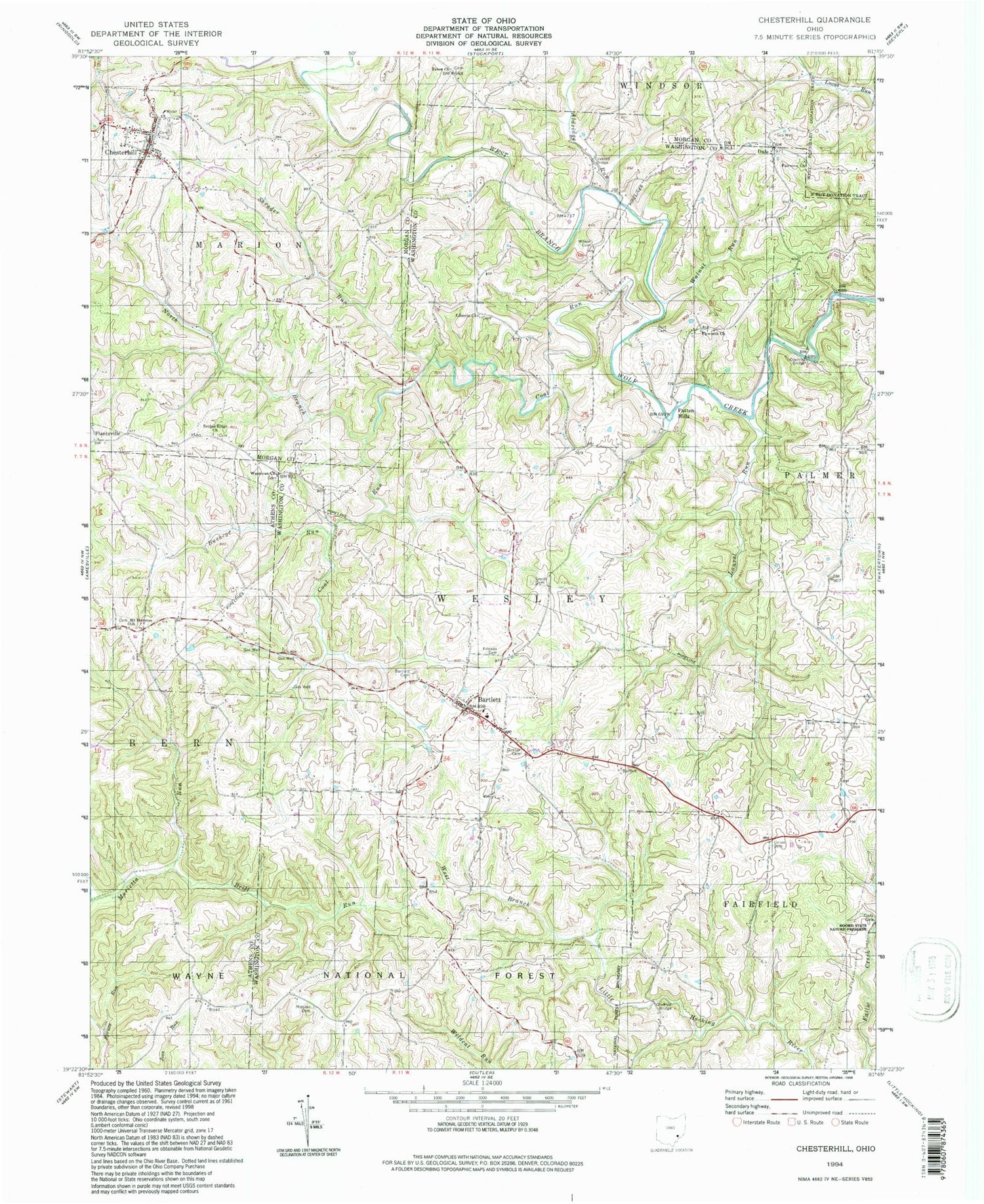 Classic USGS Chesterhill Ohio 7.5'x7.5' Topo Map Image