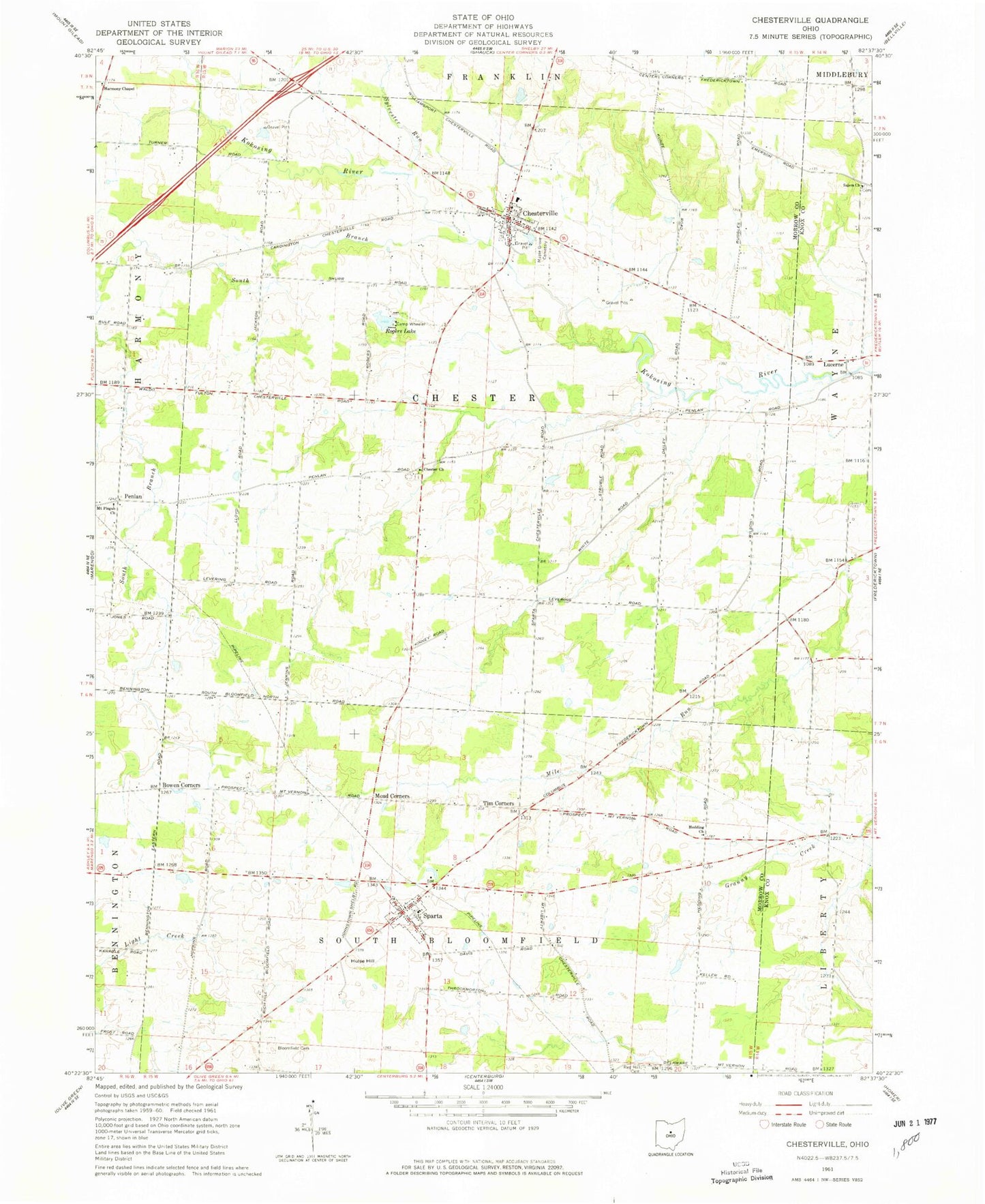 Classic USGS Chesterville Ohio 7.5'x7.5' Topo Map Image