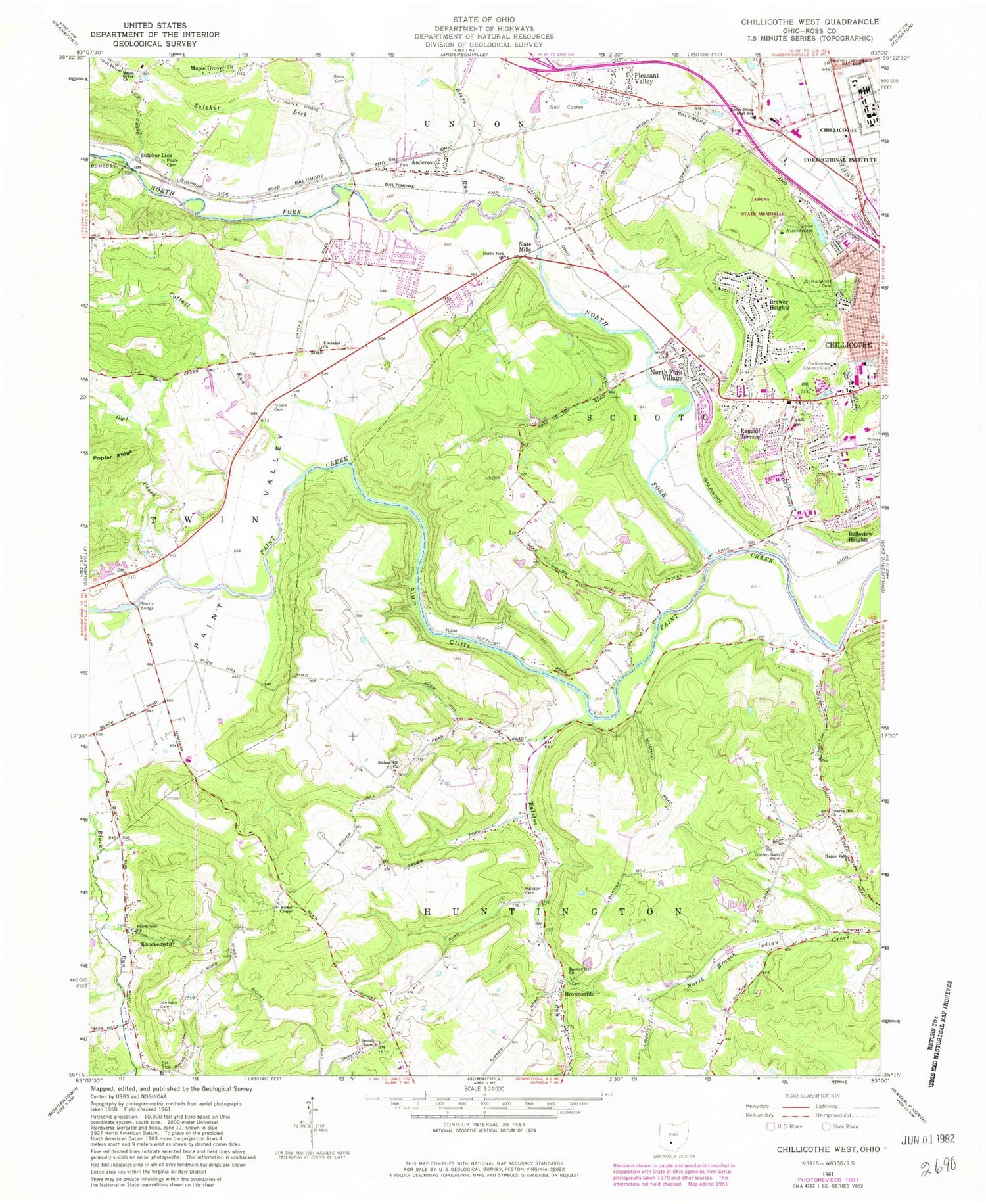 Classic USGS Chillicothe West Ohio 7.5'x7.5' Topo Map Image