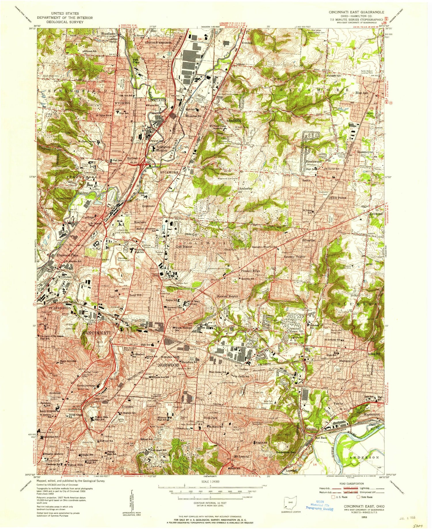 Classic USGS Cincinnati East Ohio 7.5'x7.5' Topo Map Image
