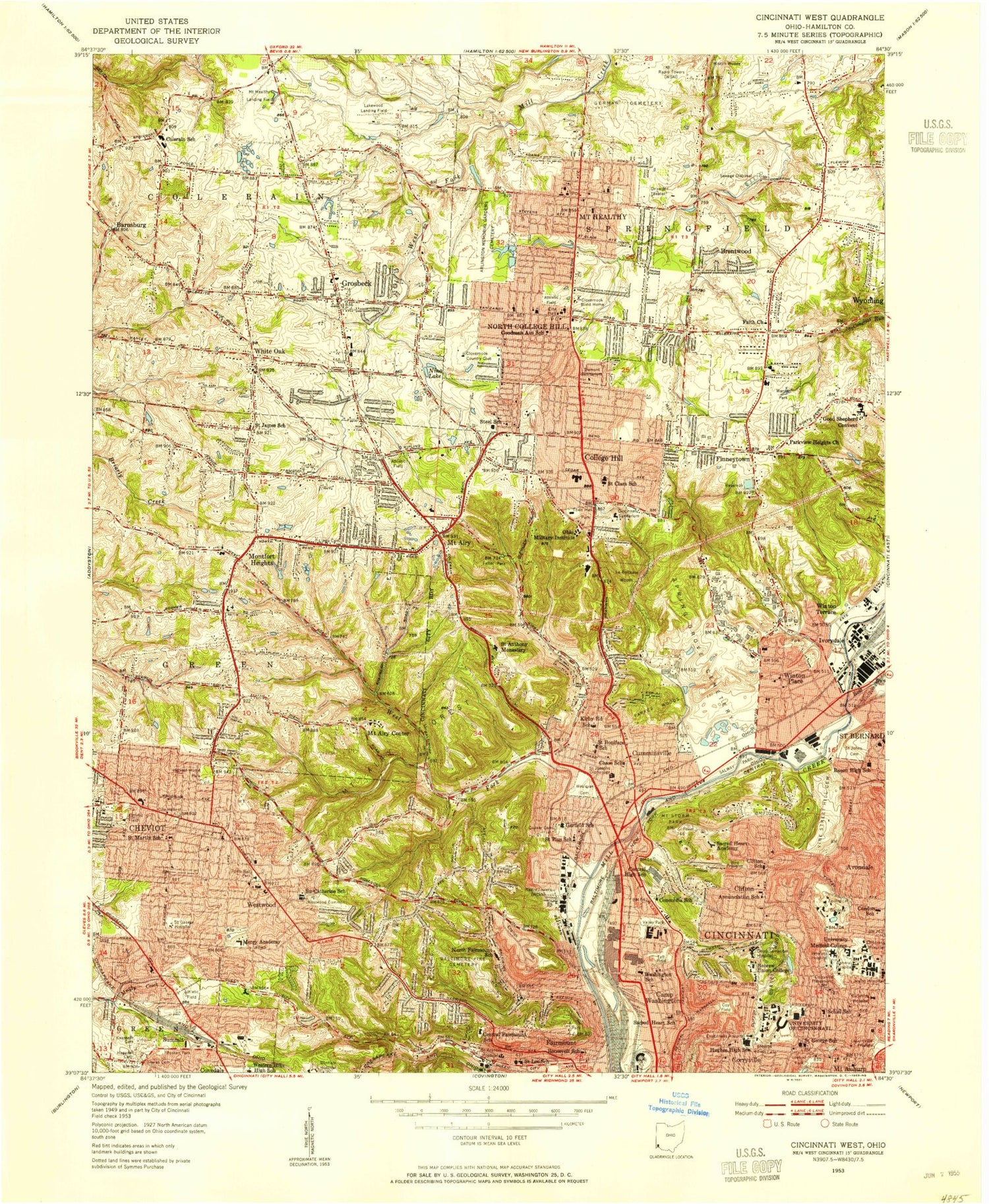 Classic USGS Cincinnati West Ohio 7.5'x7.5' Topo Map Image