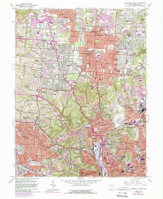 Classic USGS Cincinnati West Ohio 7.5'x7.5' Topo Map Image