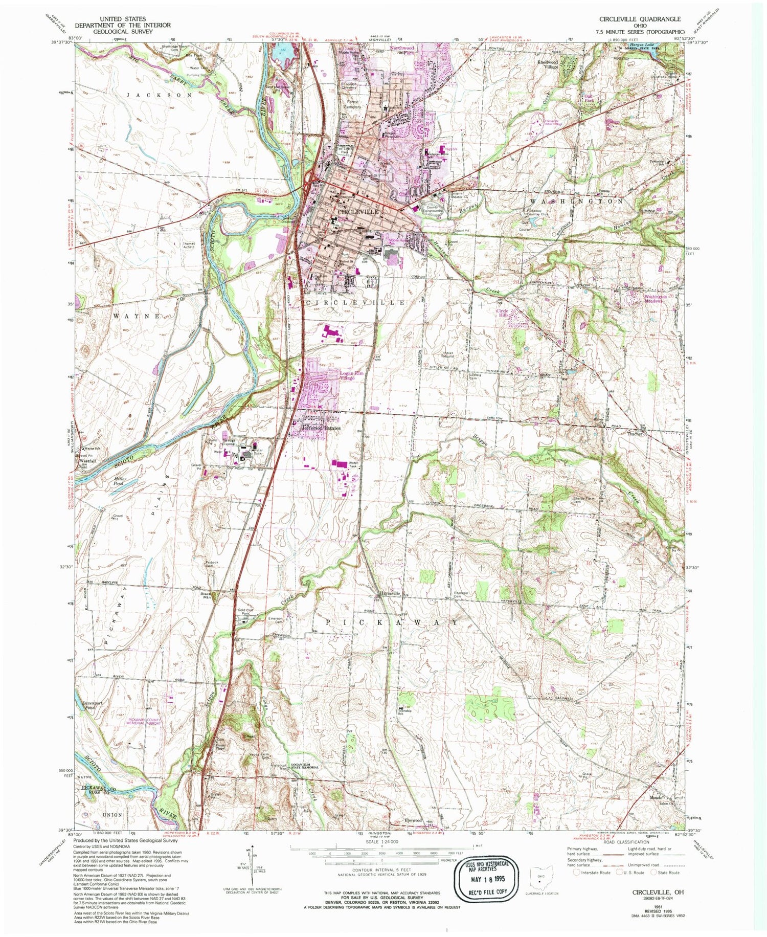Classic USGS Circleville Ohio 7.5'x7.5' Topo Map Image