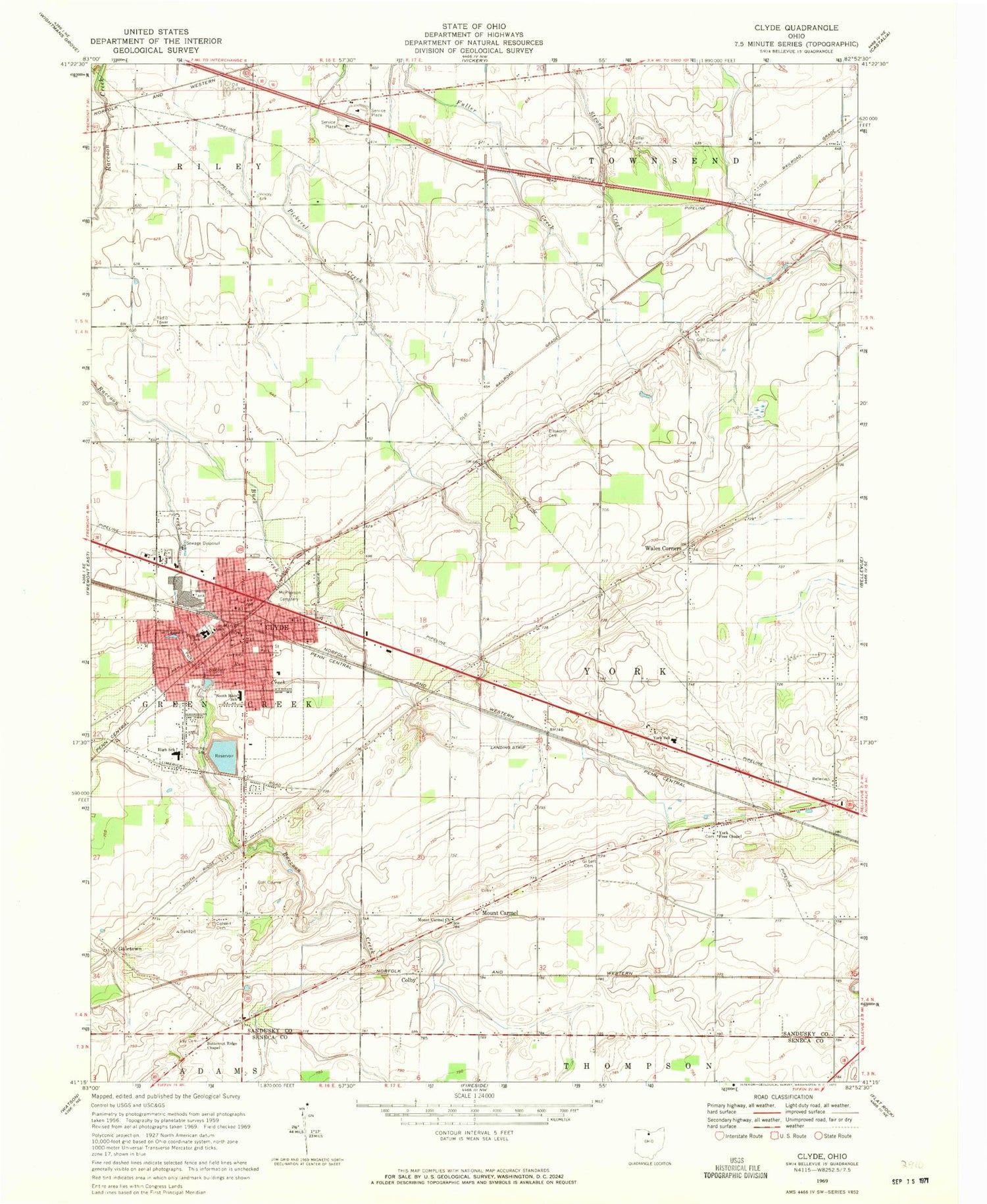 Classic USGS Clyde Ohio 7.5'x7.5' Topo Map Image