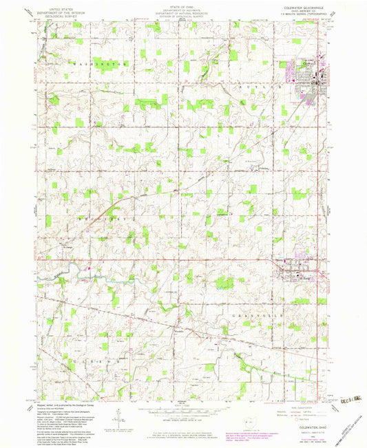 Classic USGS Coldwater Ohio 7.5'x7.5' Topo Map Image