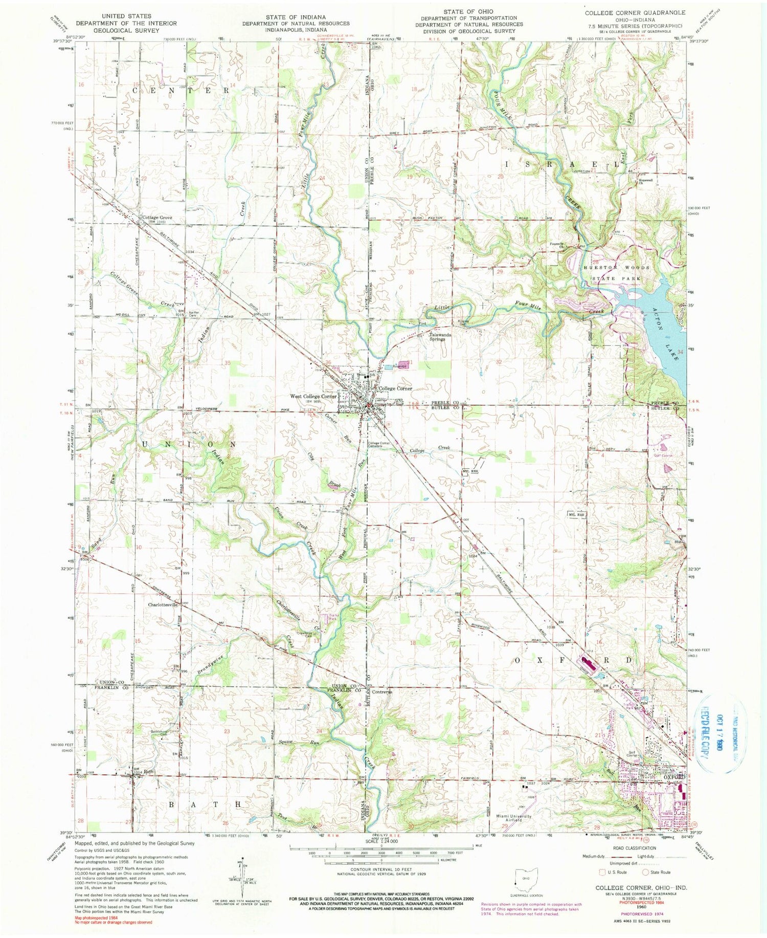 Classic USGS College Corner Ohio 7.5'x7.5' Topo Map Image