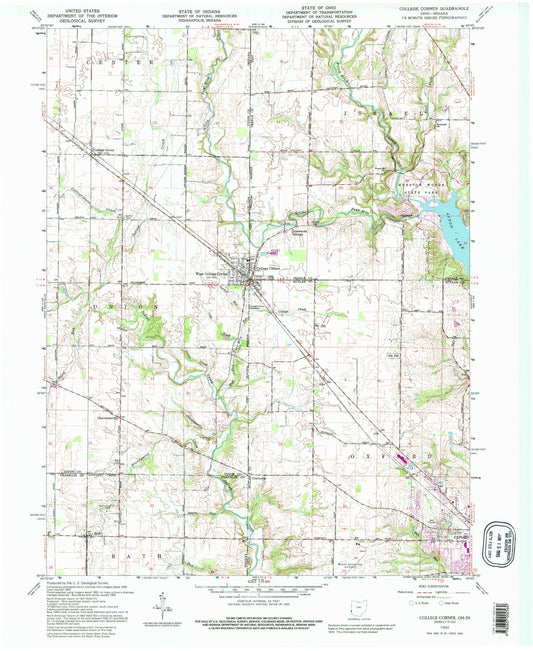 Classic USGS College Corner Ohio 7.5'x7.5' Topo Map Image