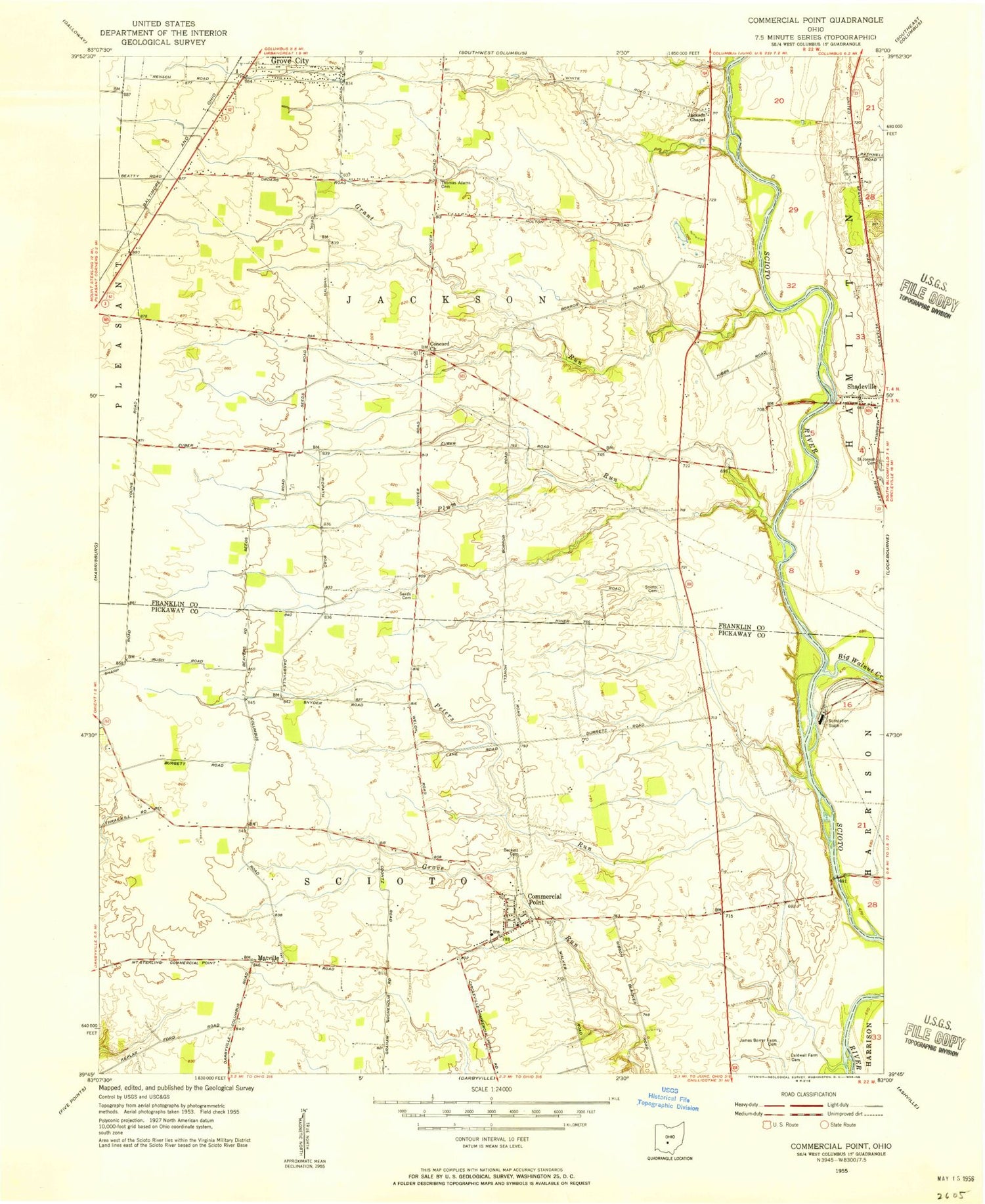 Classic USGS Commercial Point Ohio 7.5'x7.5' Topo Map Image