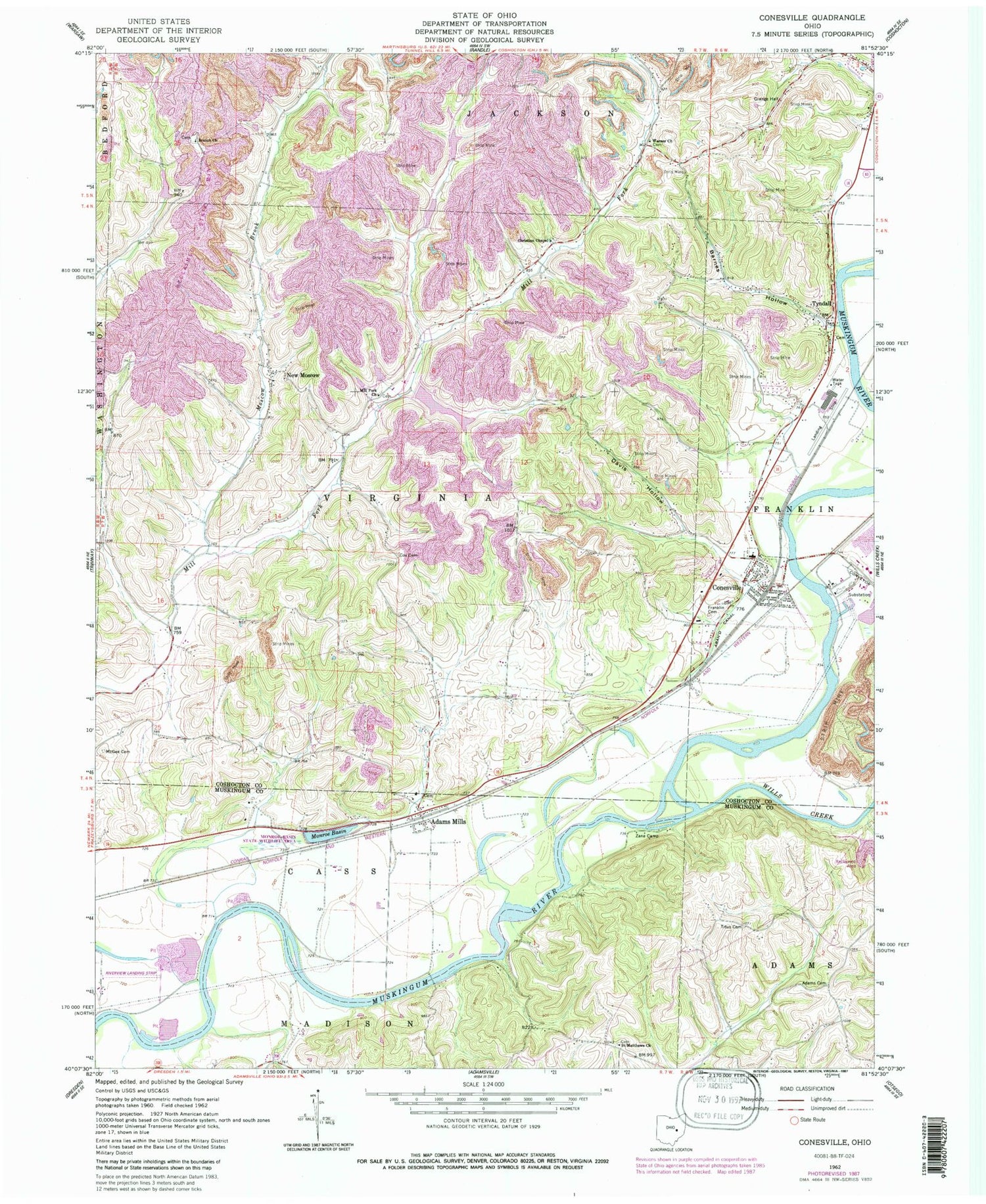 Classic USGS Conesville Ohio 7.5'x7.5' Topo Map Image