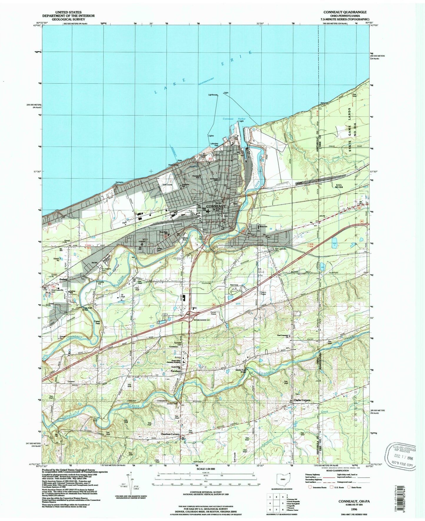 Classic USGS Conneaut Ohio 7.5'x7.5' Topo Map Image