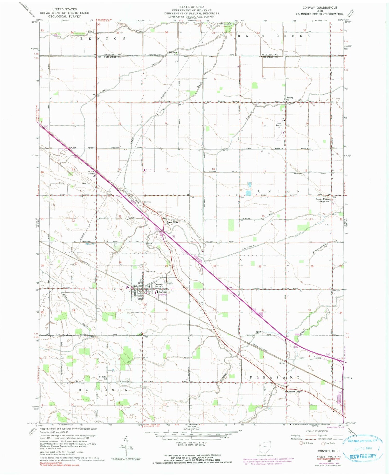 Classic USGS Convoy Ohio 7.5'x7.5' Topo Map Image