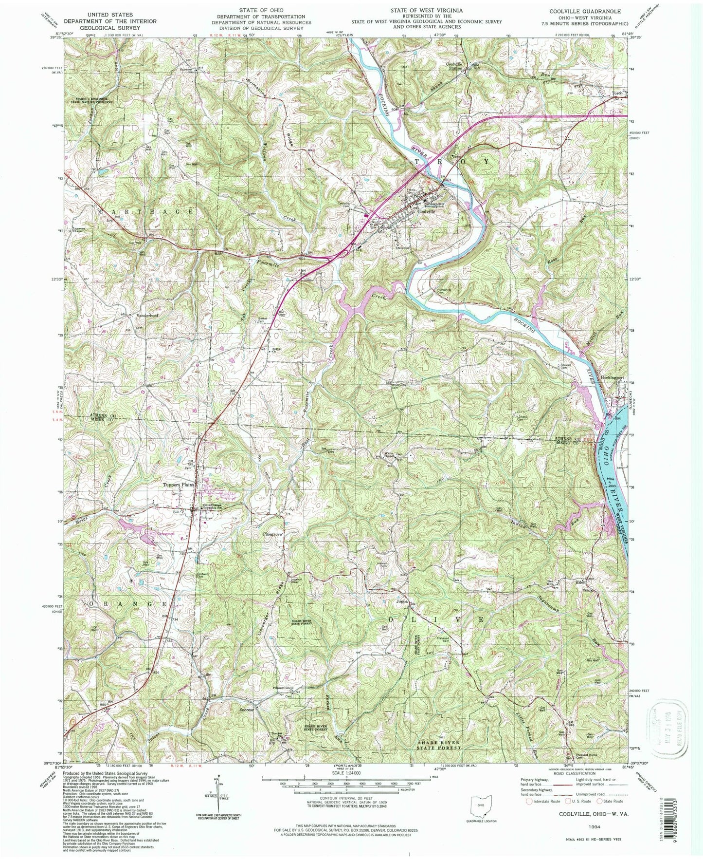 Classic USGS Coolville Ohio 7.5'x7.5' Topo Map Image