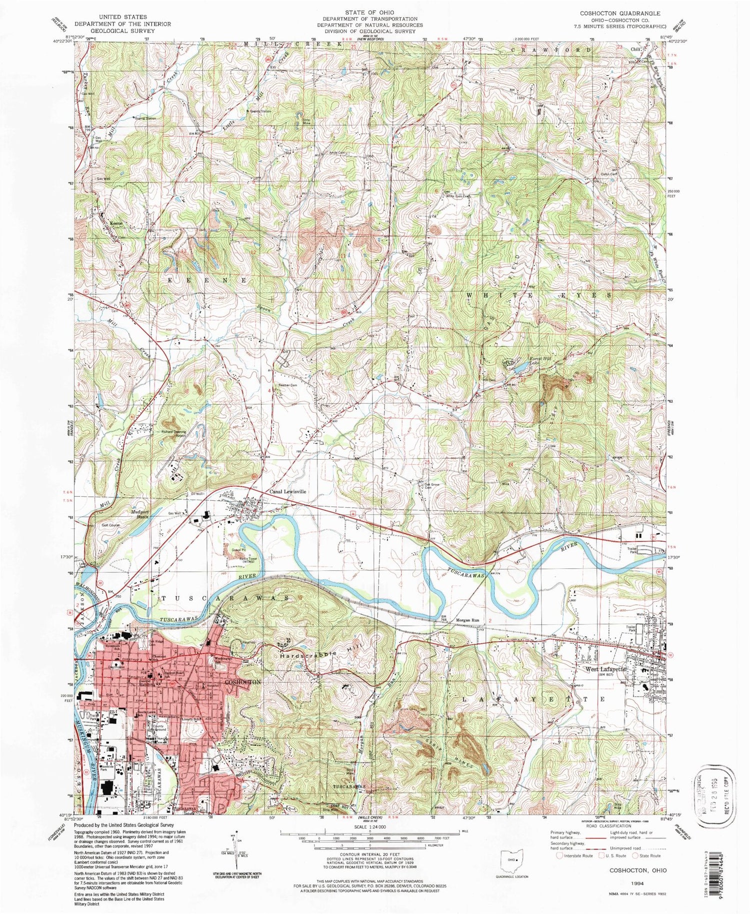 Classic USGS Coshocton Ohio 7.5'x7.5' Topo Map Image