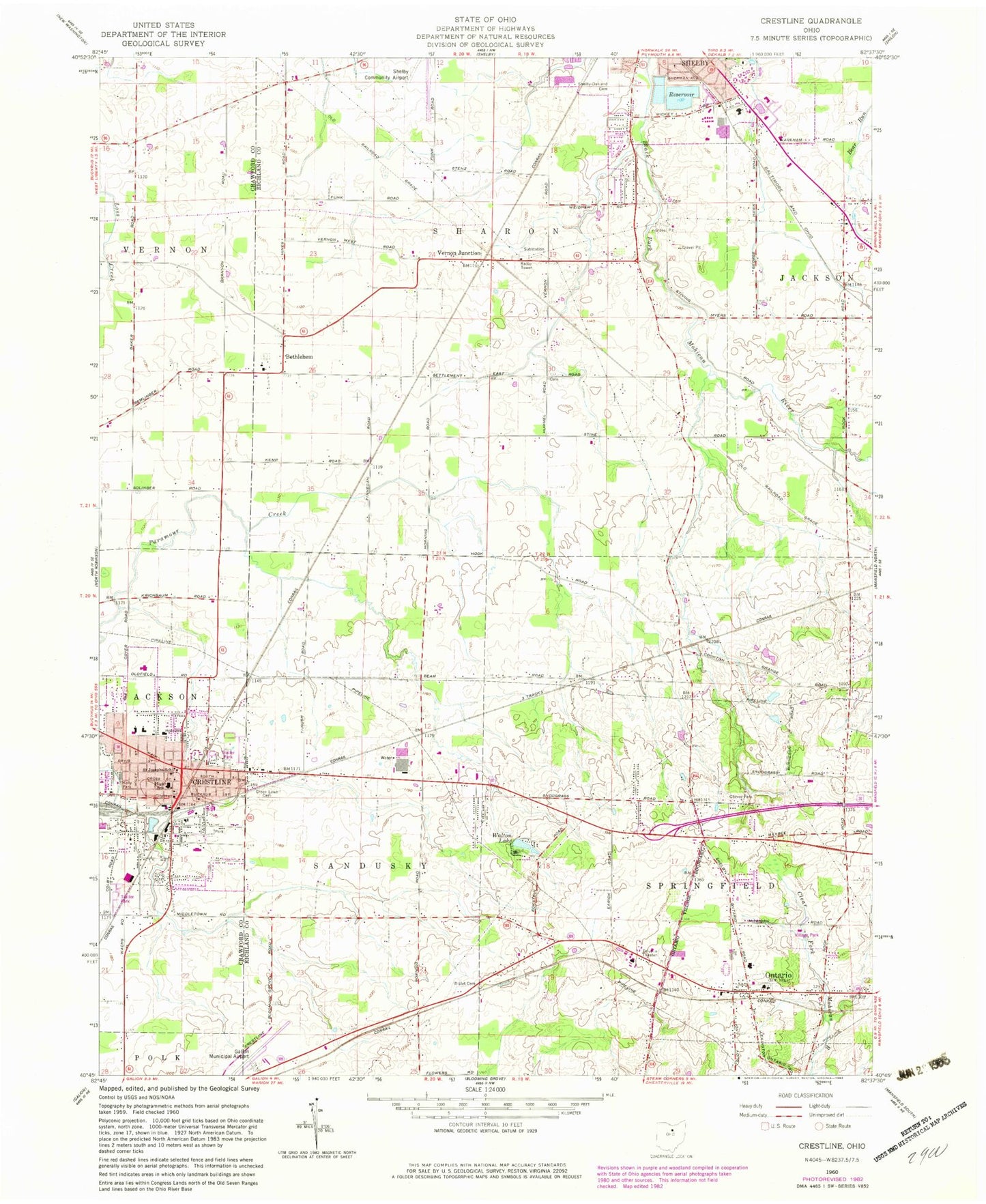 Classic USGS Crestline Ohio 7.5'x7.5' Topo Map Image