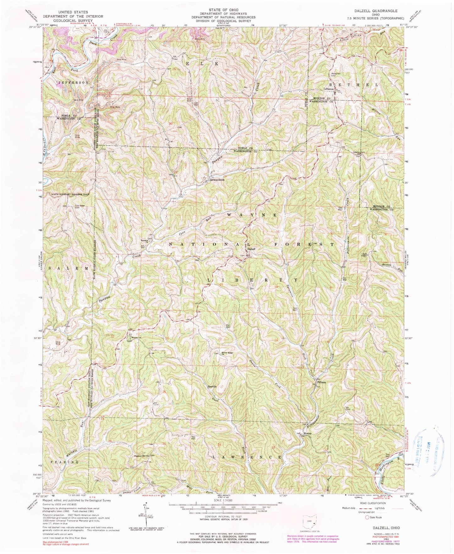 Classic USGS Dalzell Ohio 7.5'x7.5' Topo Map Image