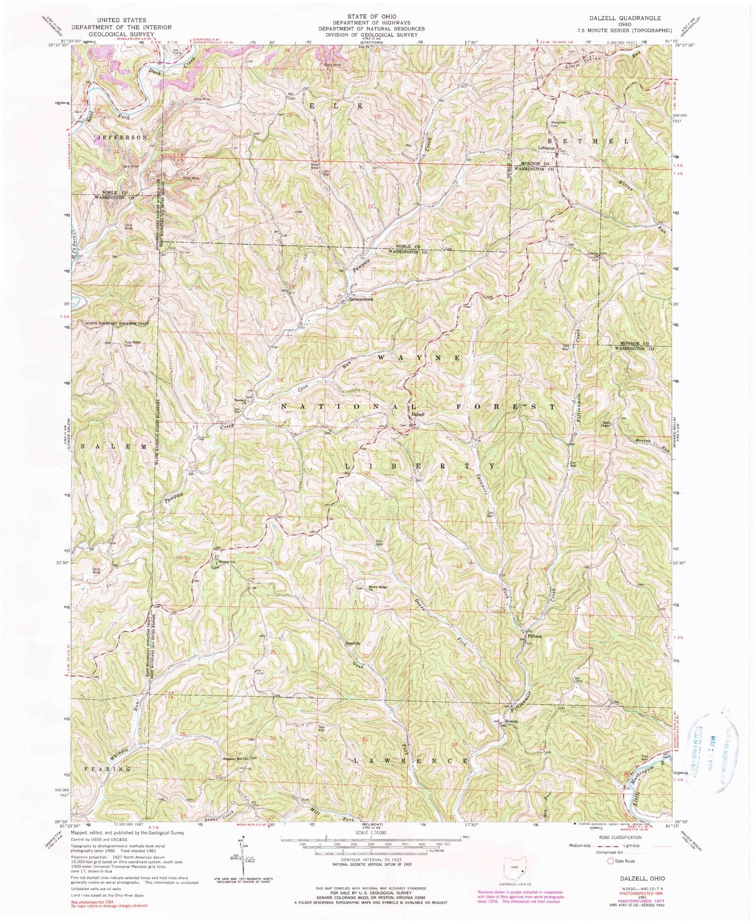 Classic USGS Dalzell Ohio 7.5'x7.5' Topo Map Image