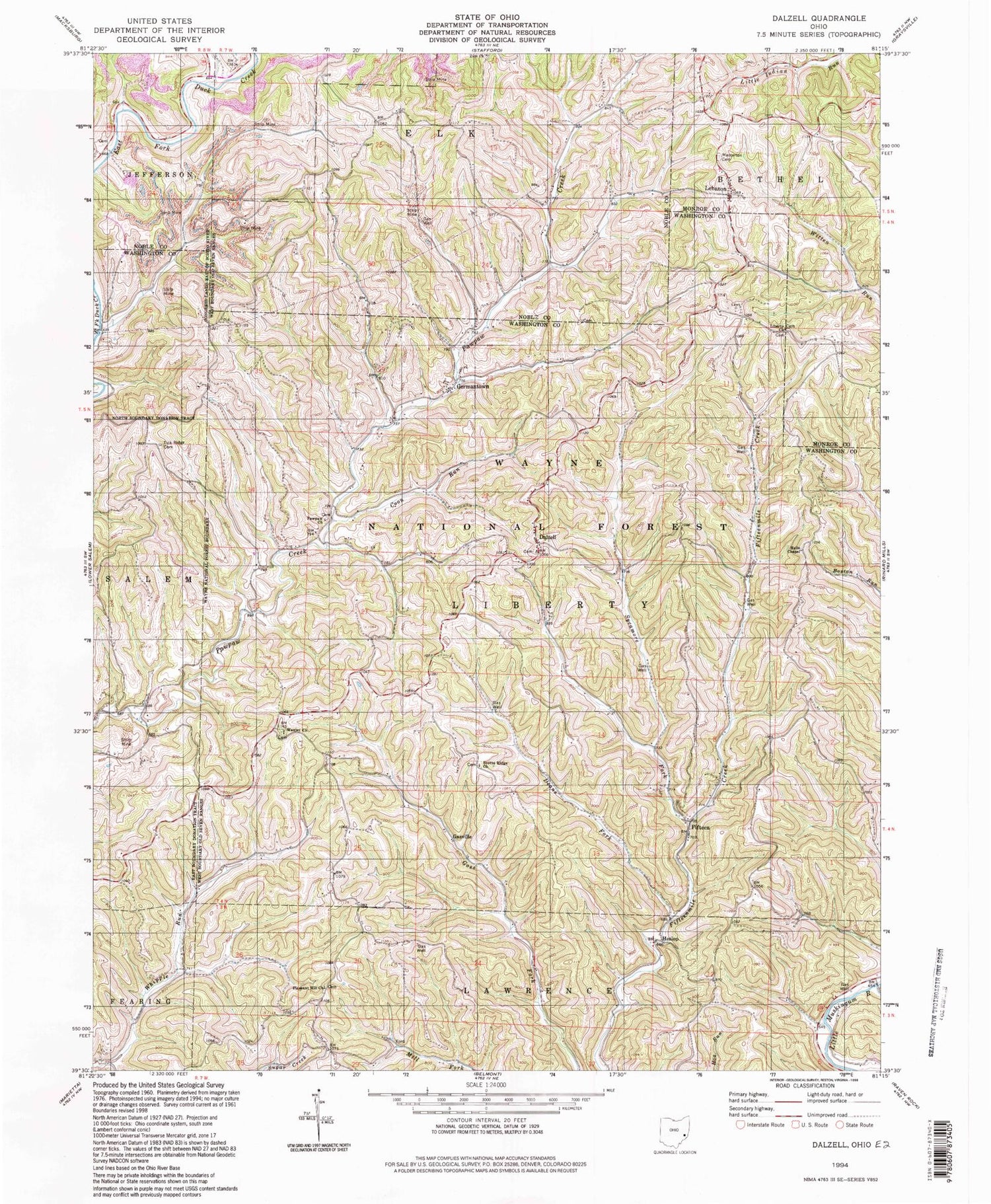 Classic USGS Dalzell Ohio 7.5'x7.5' Topo Map Image