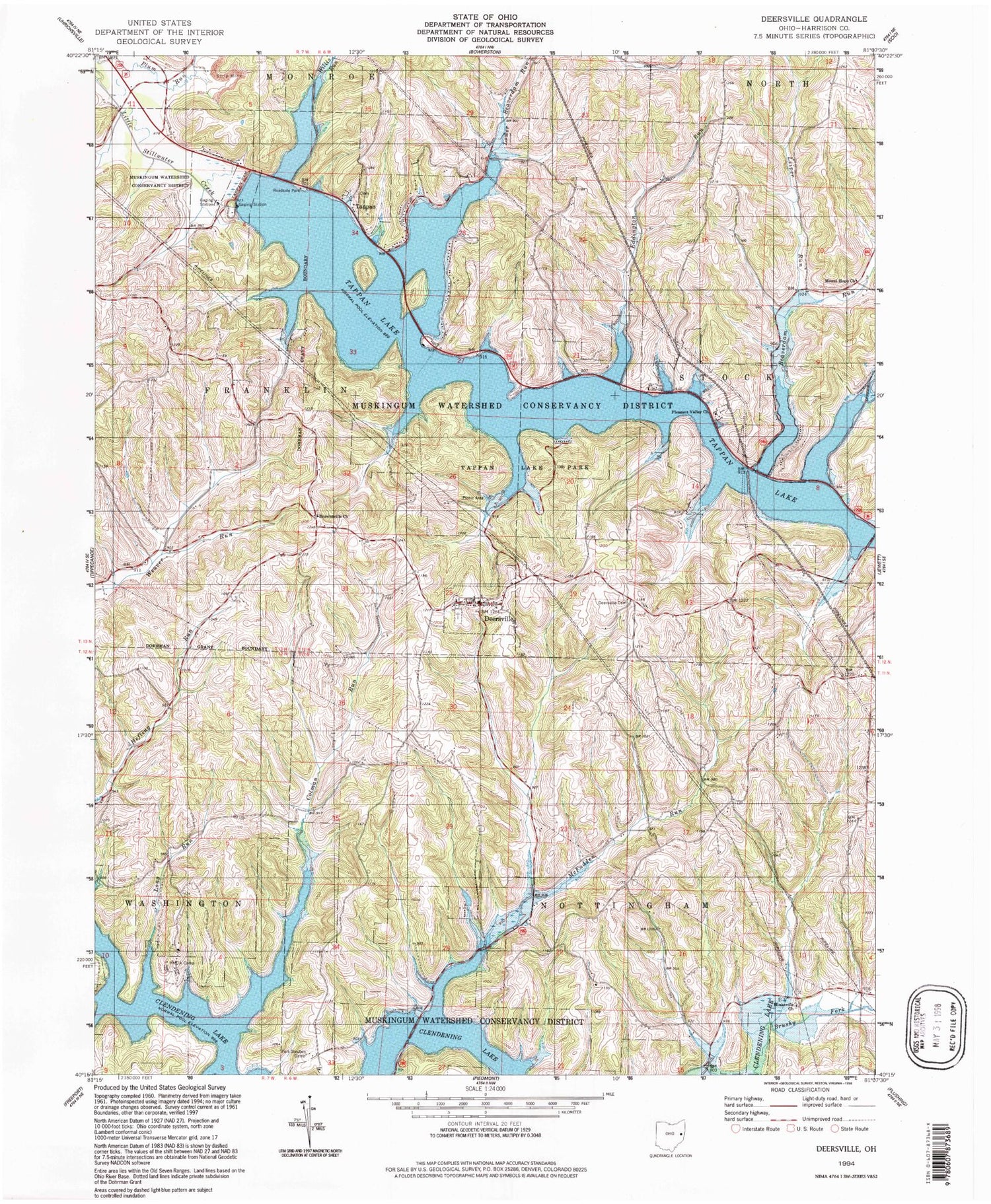 Classic USGS Deersville Ohio 7.5'x7.5' Topo Map Image