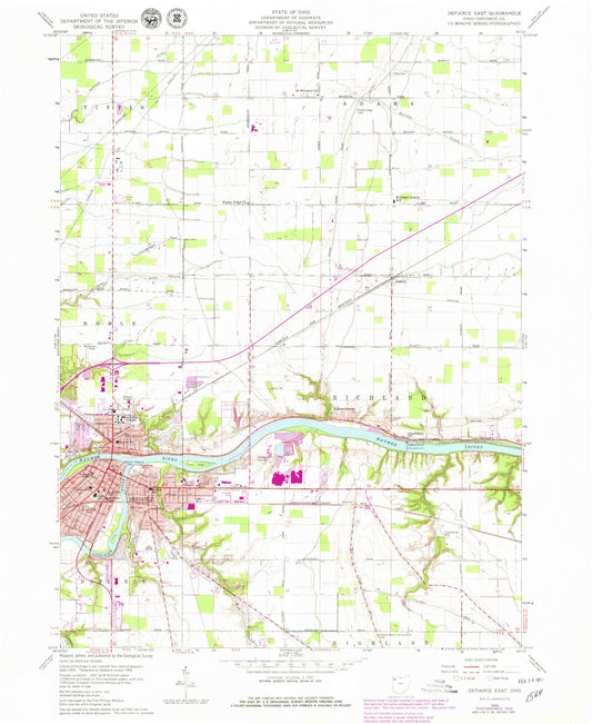 Classic USGS Defiance East Ohio 7.5'x7.5' Topo Map Image