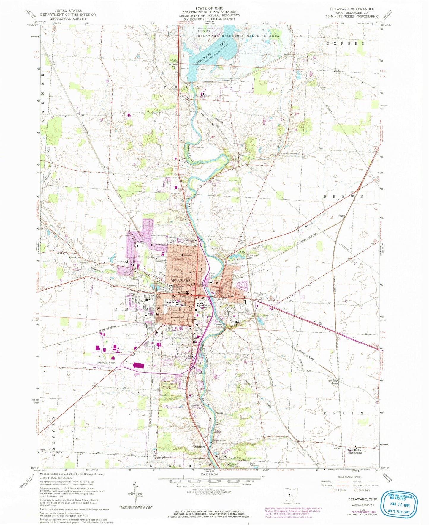 Classic USGS Delaware Ohio 7.5'x7.5' Topo Map Image