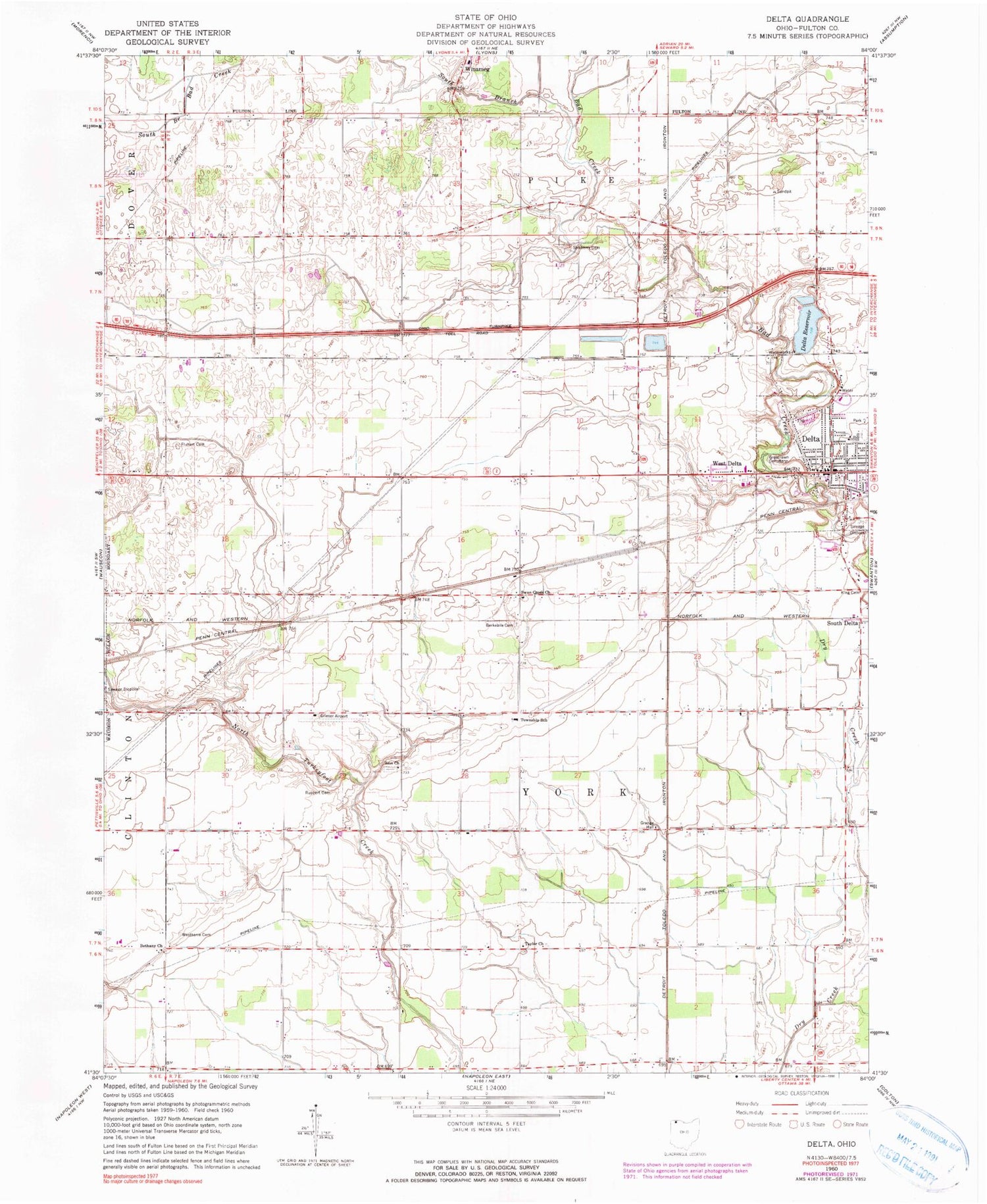 Classic USGS Delta Ohio 7.5'x7.5' Topo Map Image