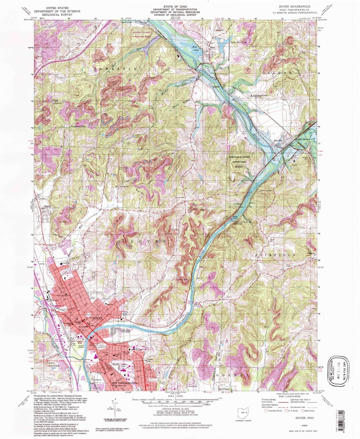 Classic USGS Dover Ohio 7.5'x7.5' Topo Map Image