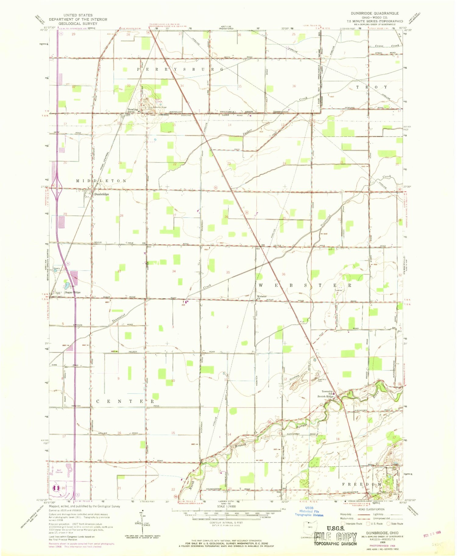 Classic USGS Dunbridge Ohio 7.5'x7.5' Topo Map Image